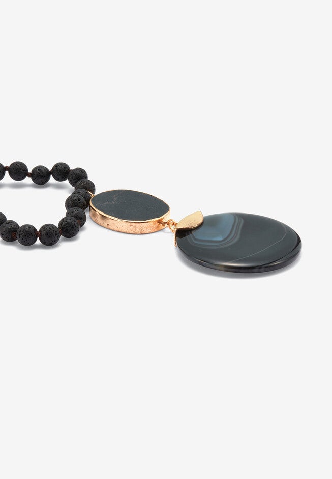 Genuine Black Agate And Lava Stone Beaded Goldtone Drop Necklace, 34-Inch Length, , on-hover image number 1