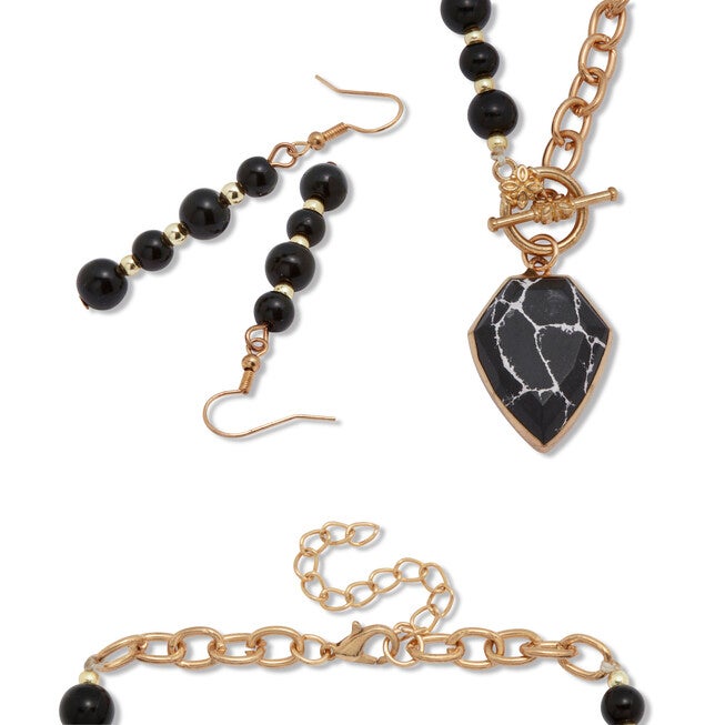Genuine Black Howlite and Onyx Goldtone Beaded Necklace Set 18-inch, BLACK, on-hover image number null