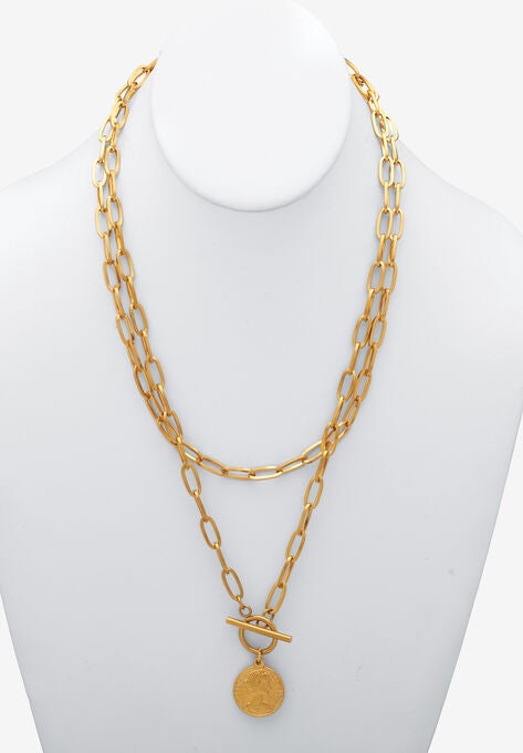 Paperclip Necklace Set Gold Ion-Plated Stainless Steel With Coin Pendant, , alternate image number null