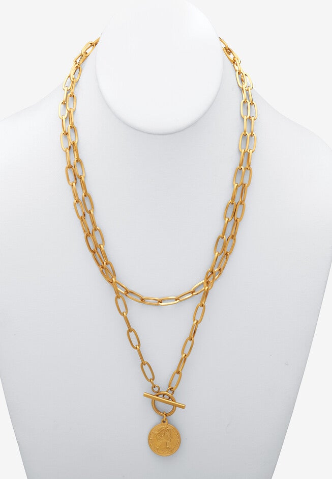 Paperclip Necklace Set Gold Ion-Plated Stainless Steel With Coin Pendant, , alternate image number 2
