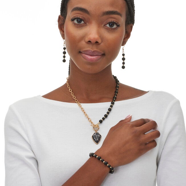 Genuine Black Howlite and Onyx Goldtone Beaded Necklace Set 18-inch, BLACK, alternate image number null