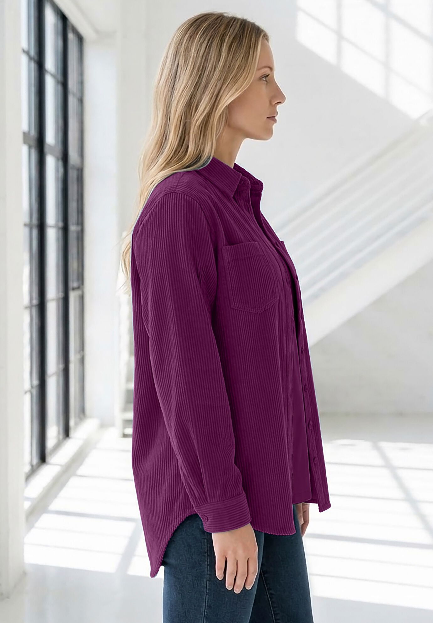 Corduroy Button-Front Shirt, DARK BERRY, alternate image number 2