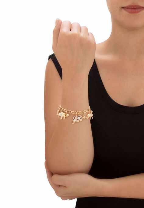 Gold Tone Round Crystal Elephant Charm Bracelet, , alternate image number null