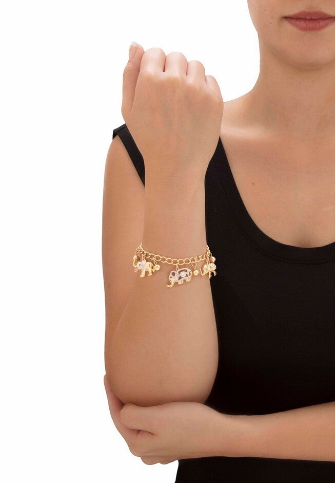 Gold Tone Round Crystal Elephant Charm Bracelet, , alternate image number 2