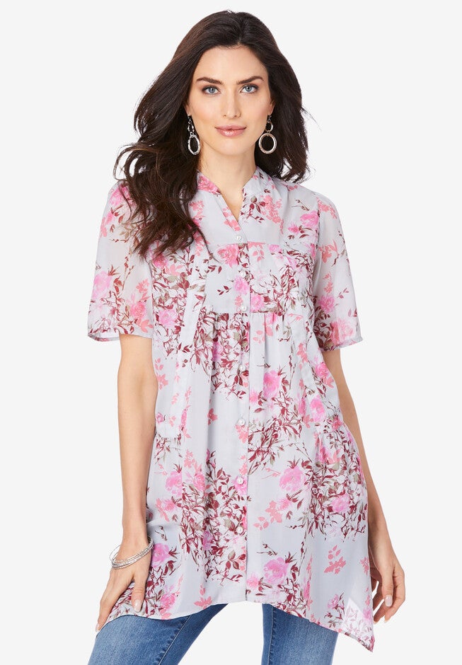 Short-Sleeve Floral Blouse, PEARL GREY BLOOMING ROSE, hi-res image number 0