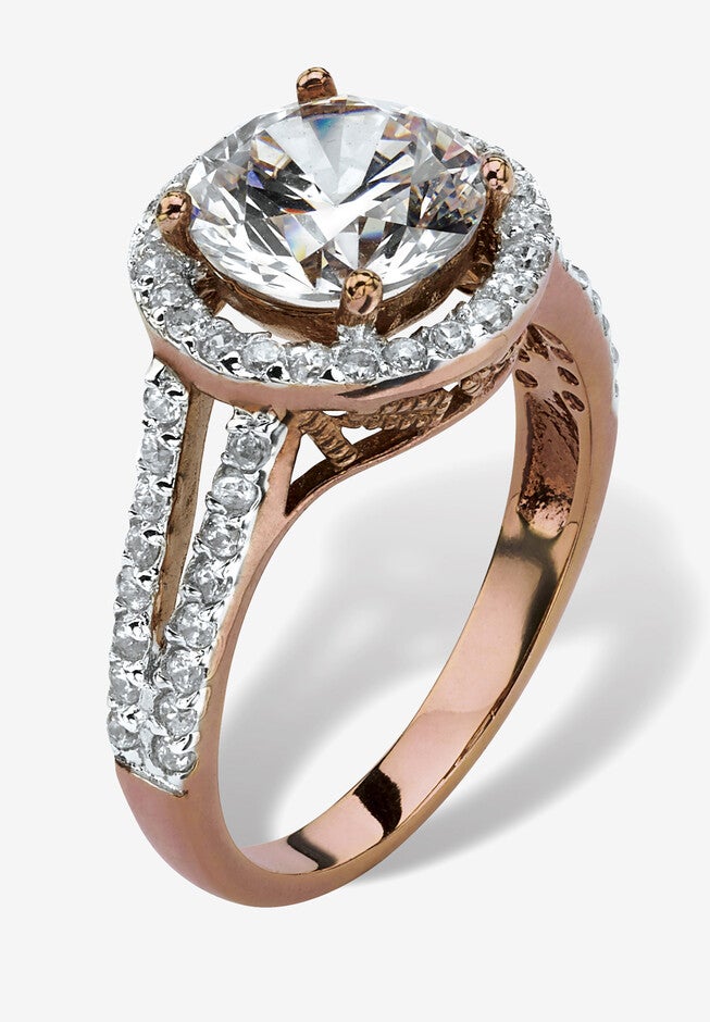 3 Tcw Round Cubic Zirconia Halo Double Shank Ring In Rose Gold-Plated, , on-hover image number 1