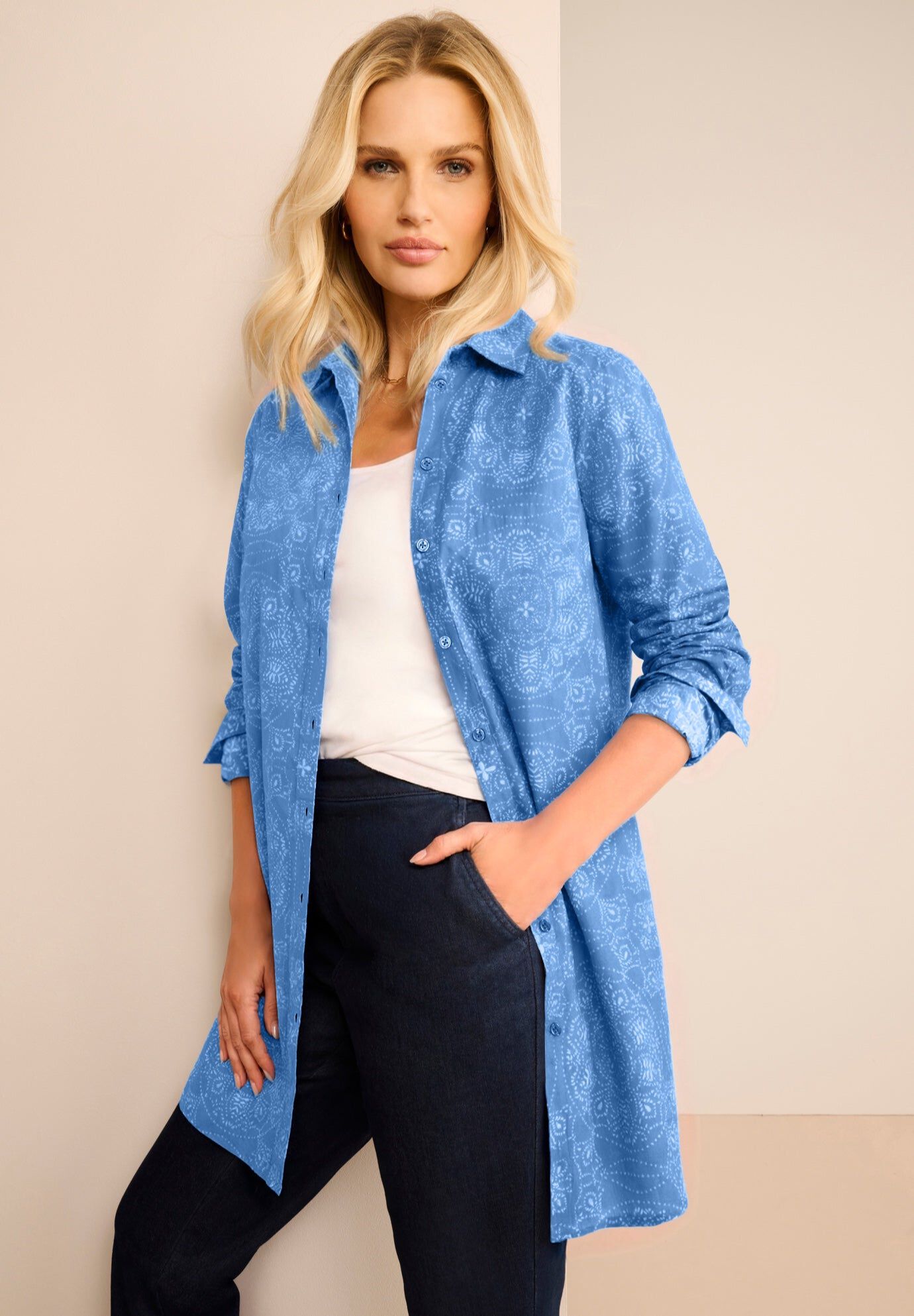 Kate Long-Sleeve Crisp Cotton-Blend Button-Front Tunic