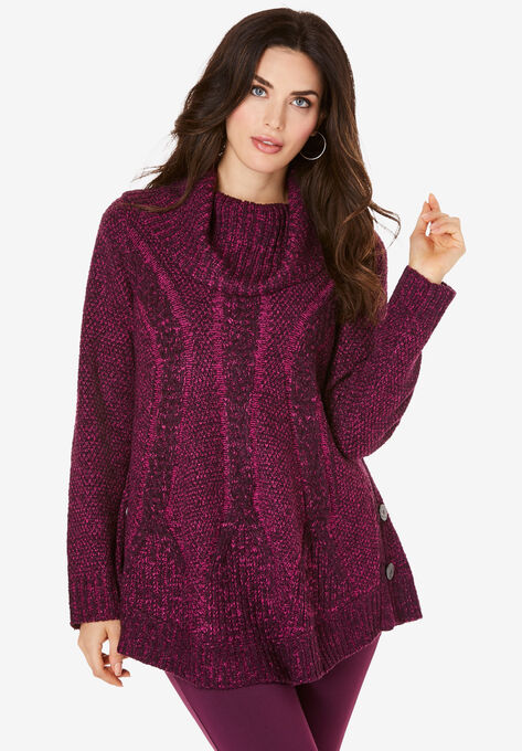 Cowl Neck Cable Pullover, DARK BERRY RASPBERRY, hi-res image number null