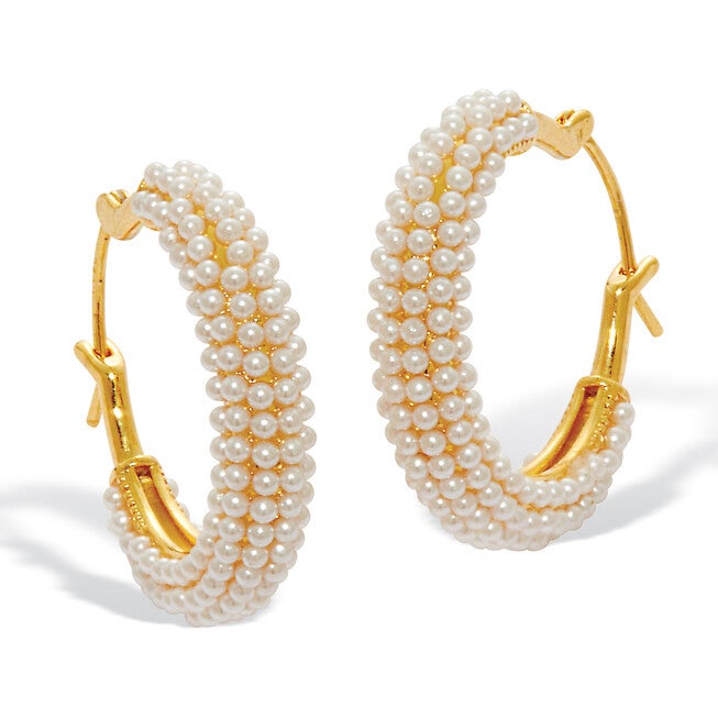 White Round Simulated Pave-Style Pearl Goldtone Hoop Earrings, WHITE, hi-res image number 0