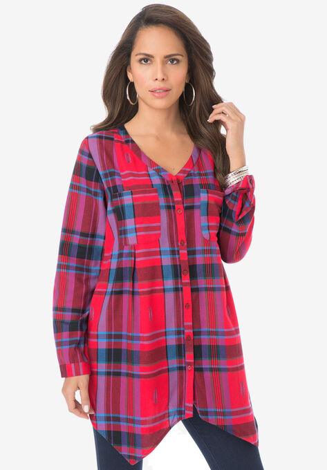 Soft Plaid Button-Up Big Shirt, CHERRY RED PLAID, hi-res image number null