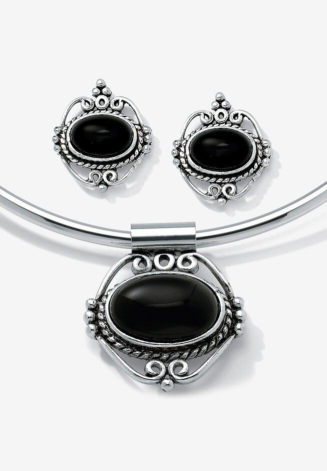 Silver Tone Antiqued Pendant Oval Shaped Black Onyx with 16 inch Chain, SILVER, hi-res image number null