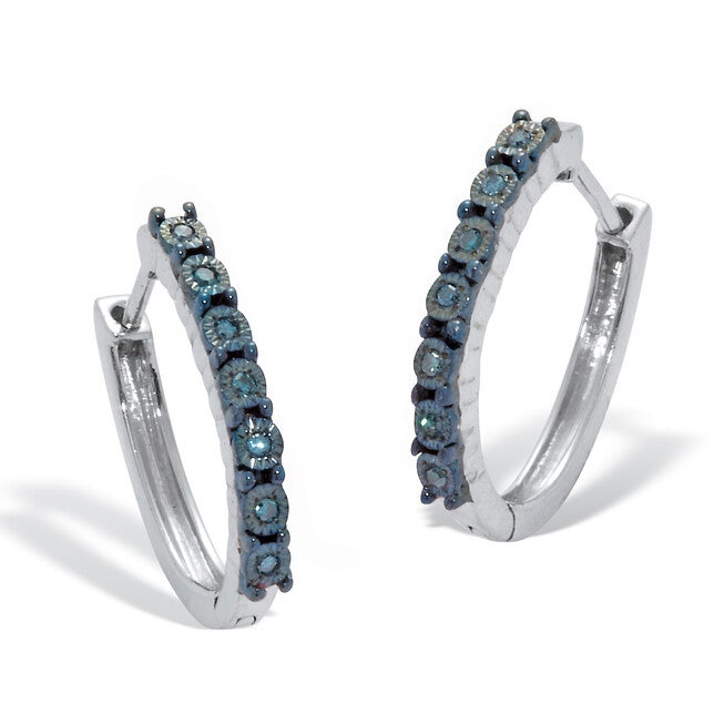 .05 TCW Blue Diamond Sterling Silver Hoop Earrings (1/2 inch), BLUE, hi-res image number null
