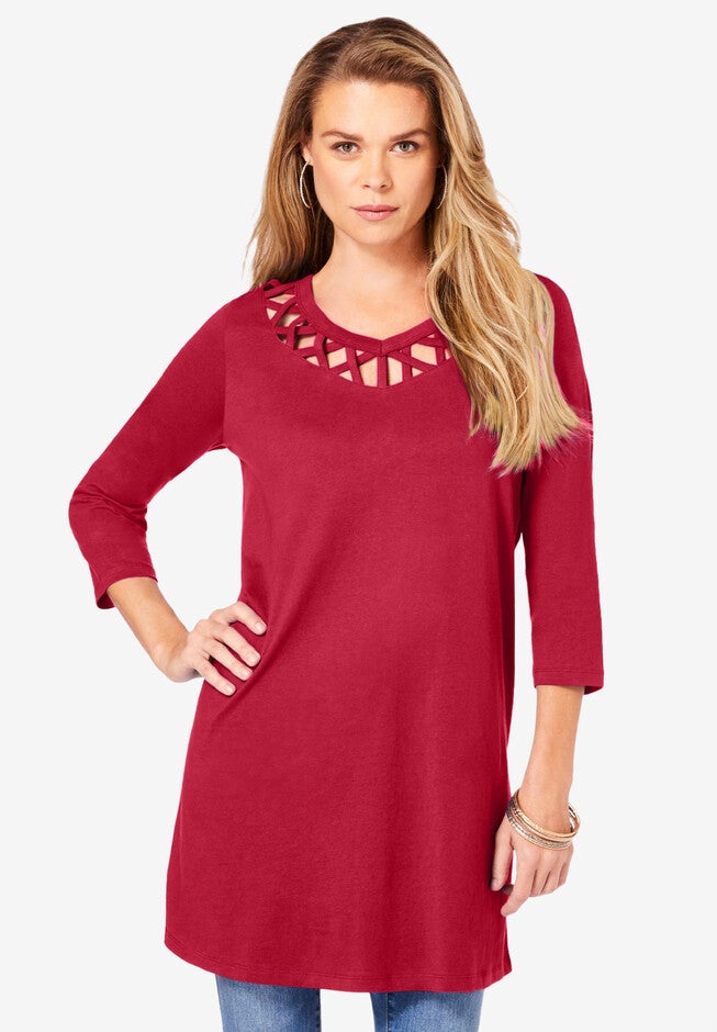 Three-Quarter Lattice-Neck Ultimate Tunic, CLASSIC RED, hi-res image number null