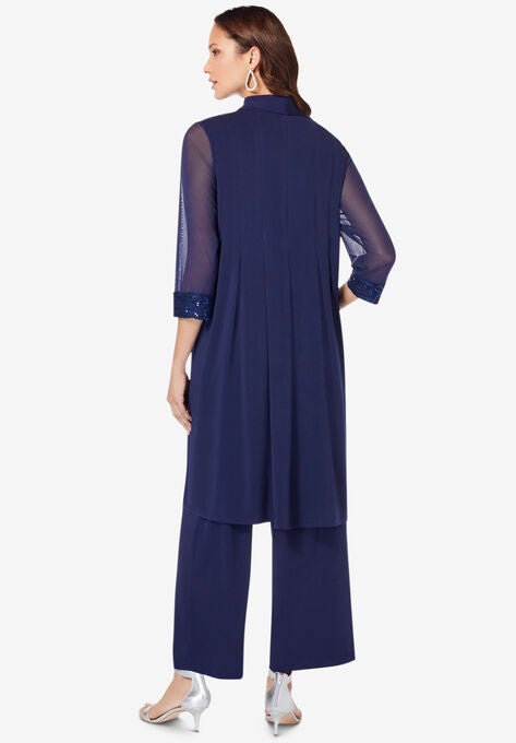 Three-Piece Lace & Sequin Duster Pant Set, , on-hover image number null