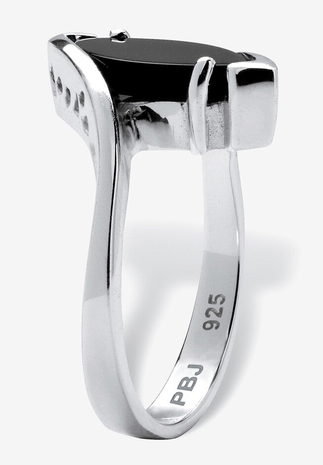 Marquise-Shaped Genuine Onyx .925 Sterling Silver Classic Ring, , on-hover image number 1