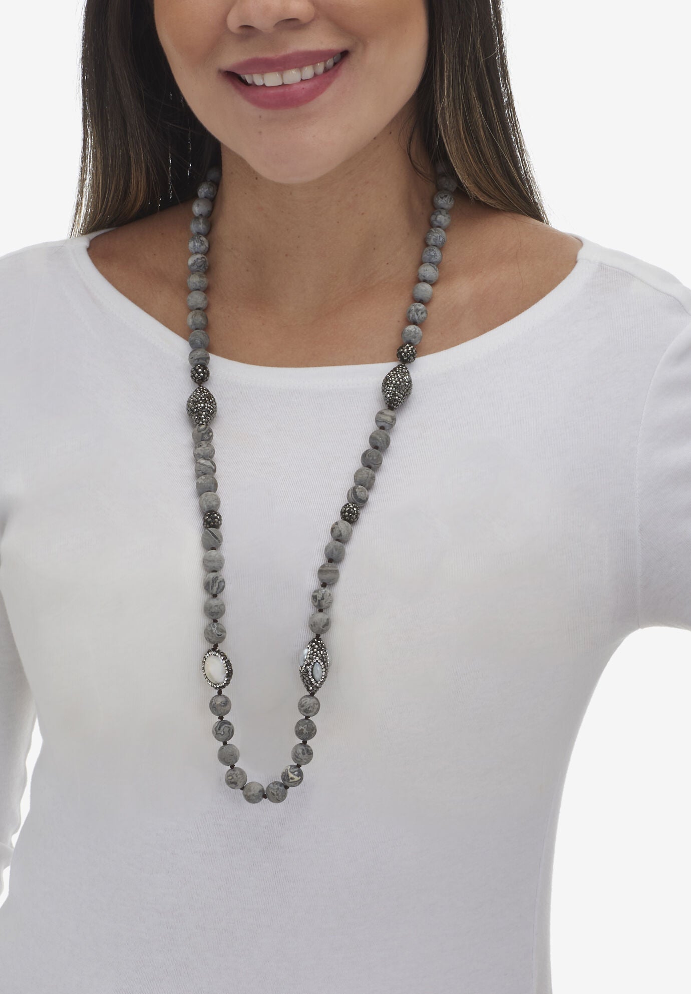 Round Genuine Pearl and Jasper Silvertone Beaded Necklace 34-inch, , alternate image number 4