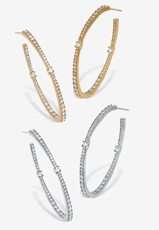 Round Crystal Goldtone And Silvertone Hoop Earrings Set, 46Mm, GOLD SILVER, hi-res image number null