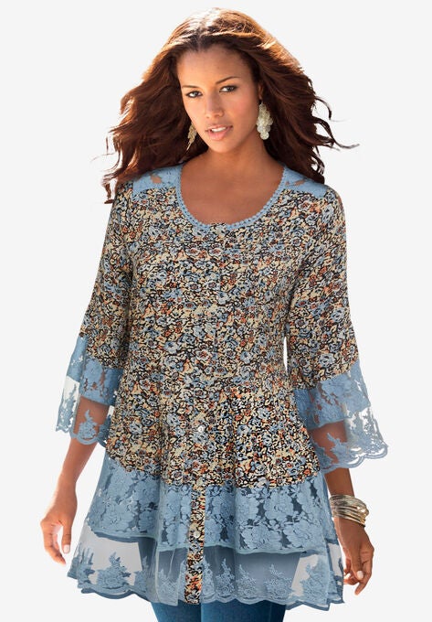 Illusion Lace Big Shirt, BLUE PRINT, hi-res image number null