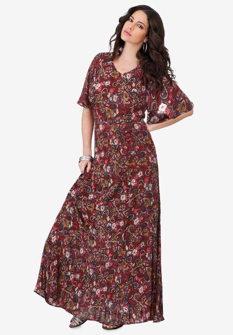 Flutter-Sleeve Crinkle Dress, MULTI TOSSED MEDALLION, hi-res image number null