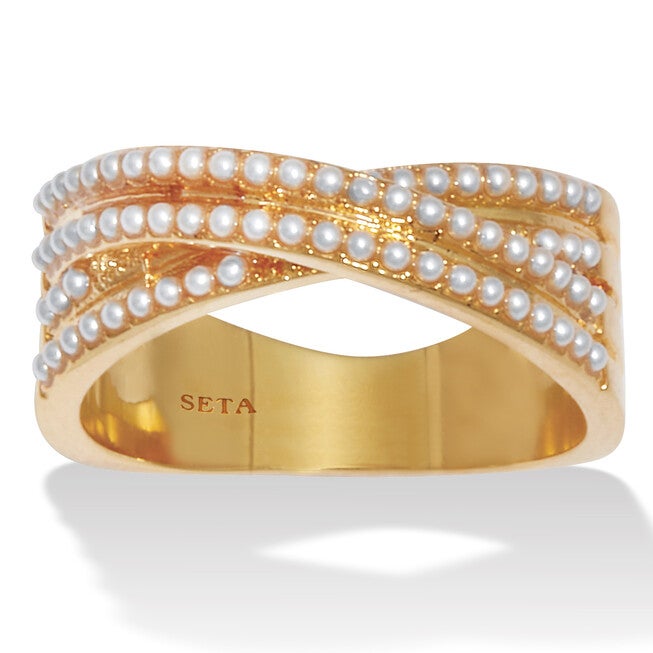 Crossover Pave Pearl 14K Gold-Plated Ring, WHITE, hi-res image number null