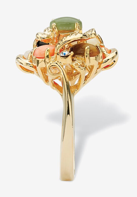 18K Gold-plated Oval Jade, Coral, Onyx, Tiger's Eye and Opal Ring, , on-hover image number null