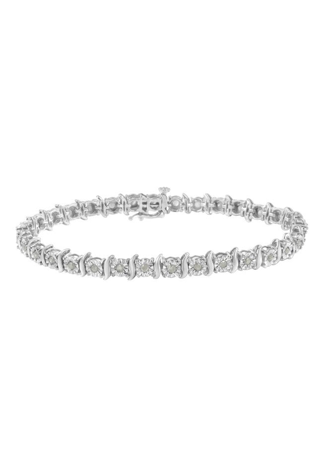 Sterling Silver Diamond Scurve Link Miracleset Tennis Bracelet 7 inches, WHITE, hi-res image number null