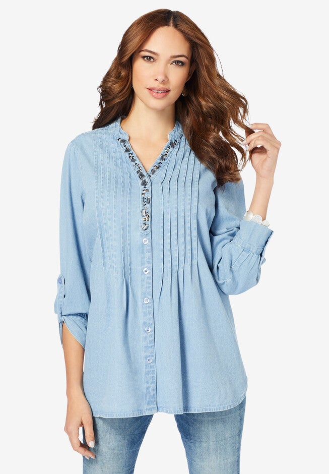 Jeweled Y-Neck Big Shirt, BLEACH BLUE, hi-res image number null