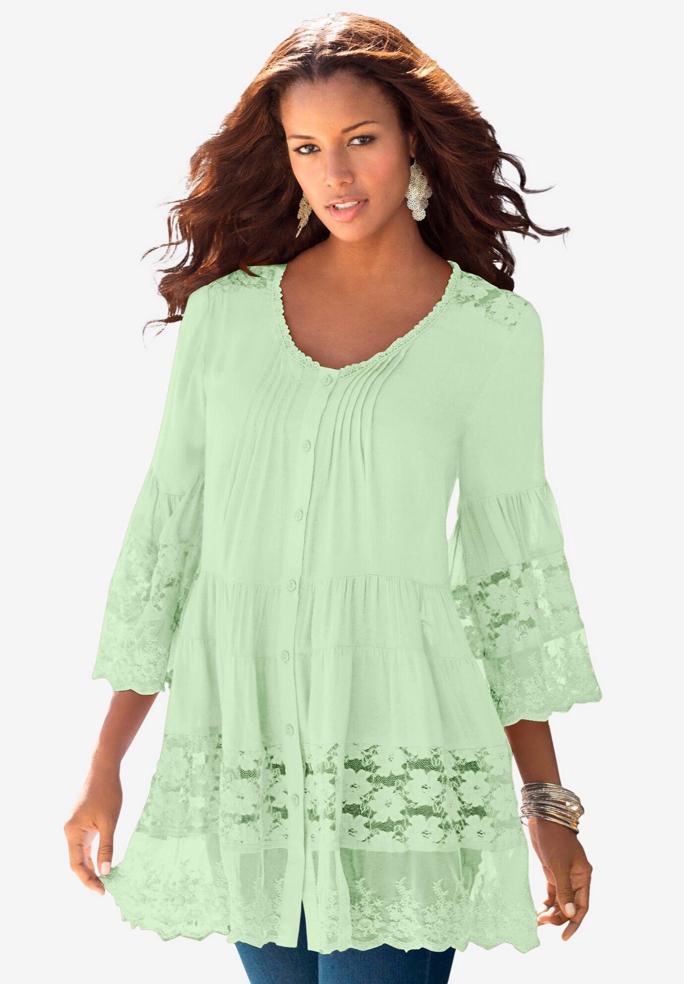 Lace Illusion Blouse, GREEN MINT, on-hover image number 1