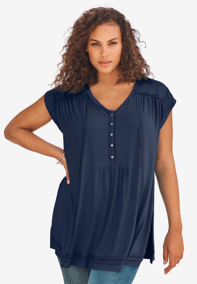V-Neck Henley Ultra Femme Tunic, NAVY, hi-res image number 0