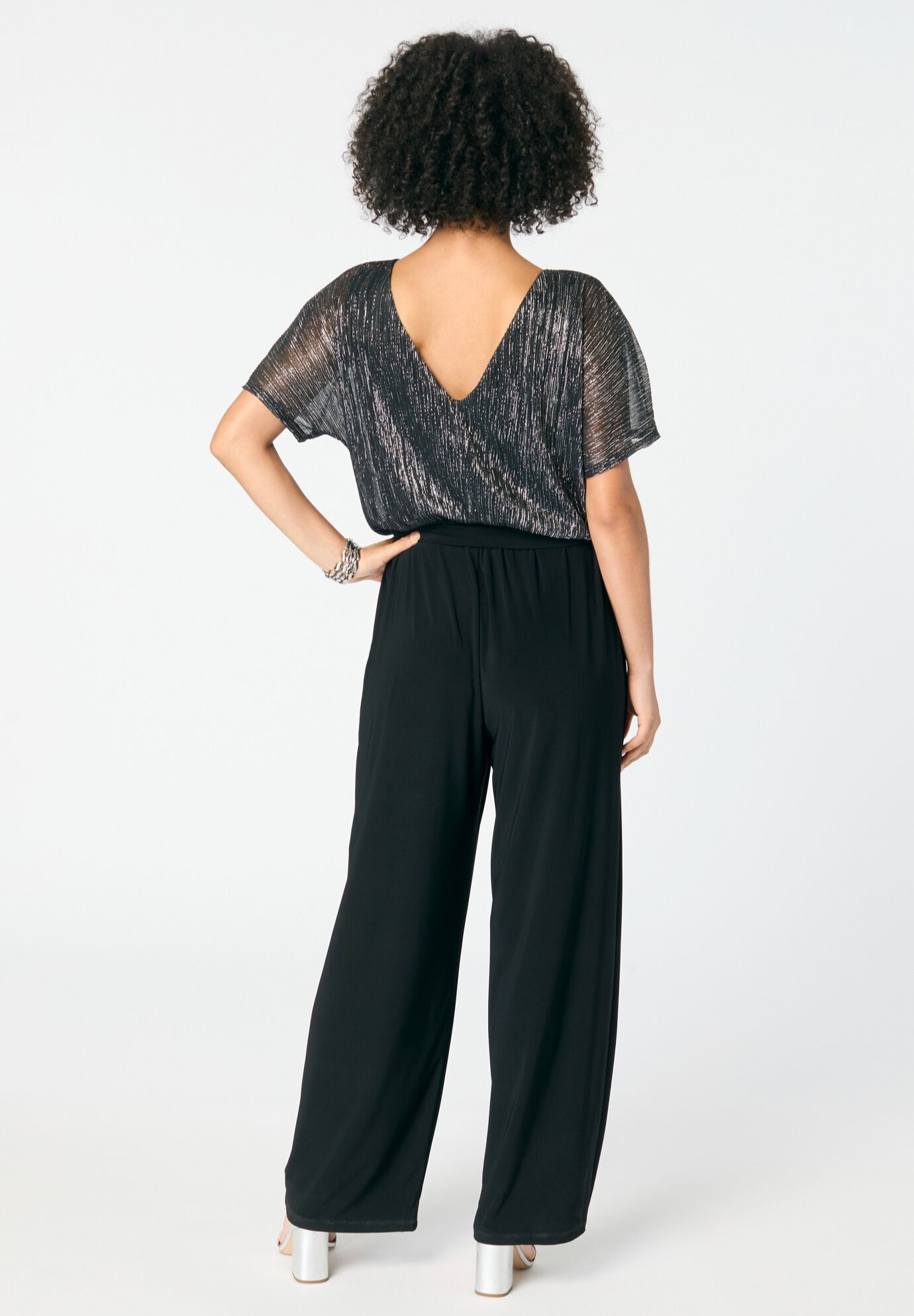 Plus-Size Short Sleeve Lurex Blouson Jumpsuit, BLACK, on-hover image number 1