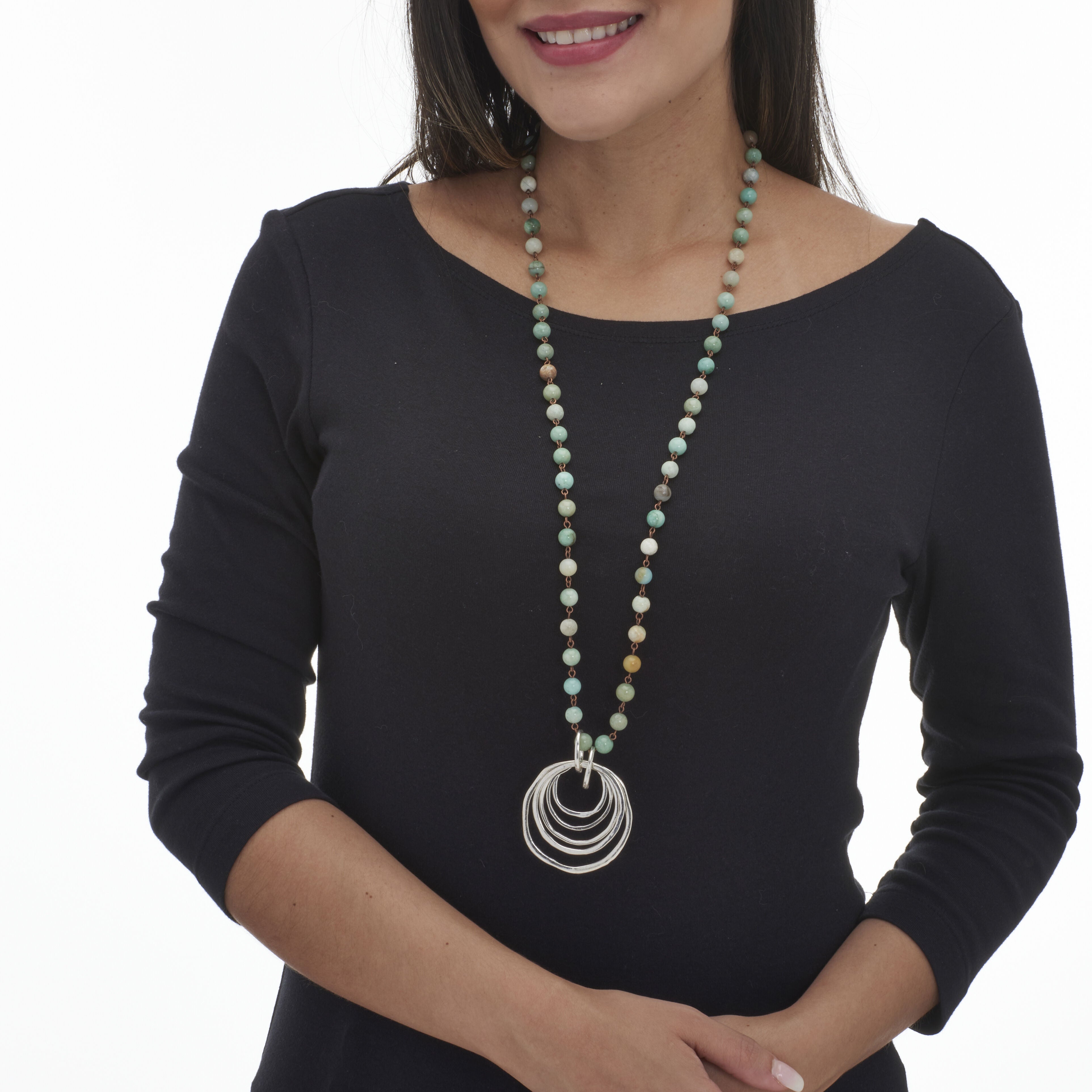 Round Genuine Green Amazonite Silvertone Drop Pendant Necklace 34-inch, GREEN, alternate image number 2