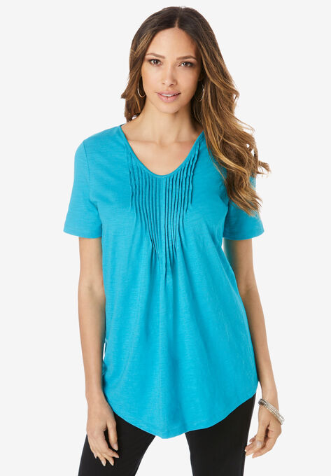 V-Neck Pintuck Tee, DEEP TURQUOISE, hi-res image number null