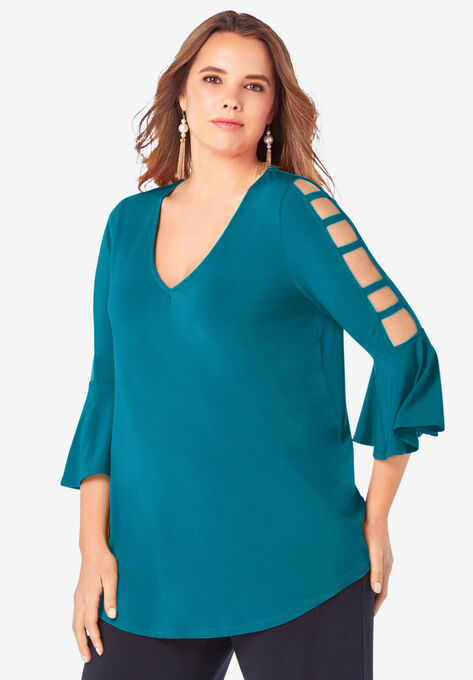 Ultrasmooth® Fabric Lattice-Sleeve Top, DEEP TURQUOISE, hi-res image number null