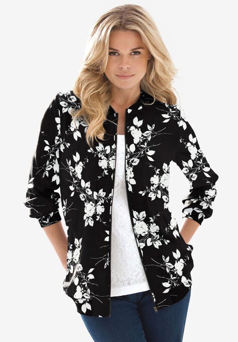 Printed Bomber Jacket, BLACK IVORY FLORAL, hi-res image number null