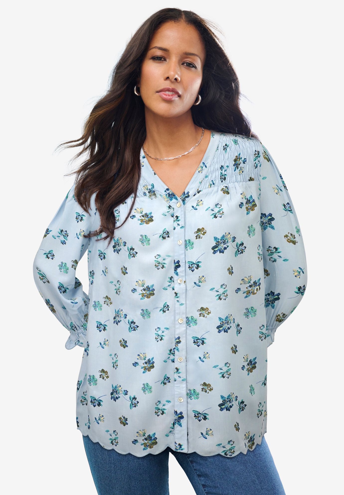 Blouson-Sleeve Smocked Tunic, PALE BLUE FLOWERS, hi-res image number 0