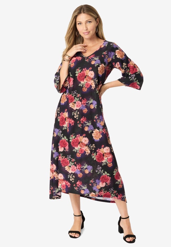 High-Low V-Neck Dress, BLACK ROSE BOUQUET, hi-res image number null