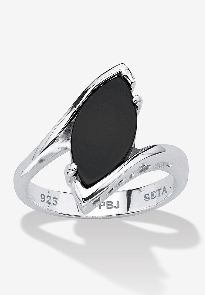 Marquise-Shaped Genuine Onyx .925 Sterling Silver Classic Ring, BLACK, hi-res image number 0