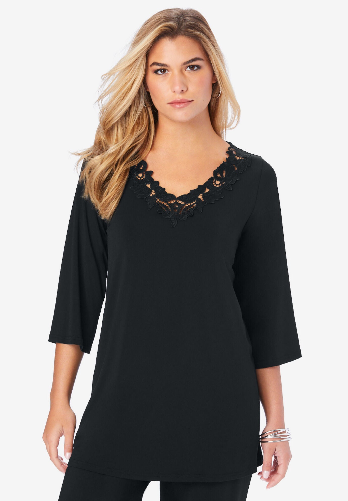 Lace V Neck Ultrasmooth® Fabric Top OneStopPlus