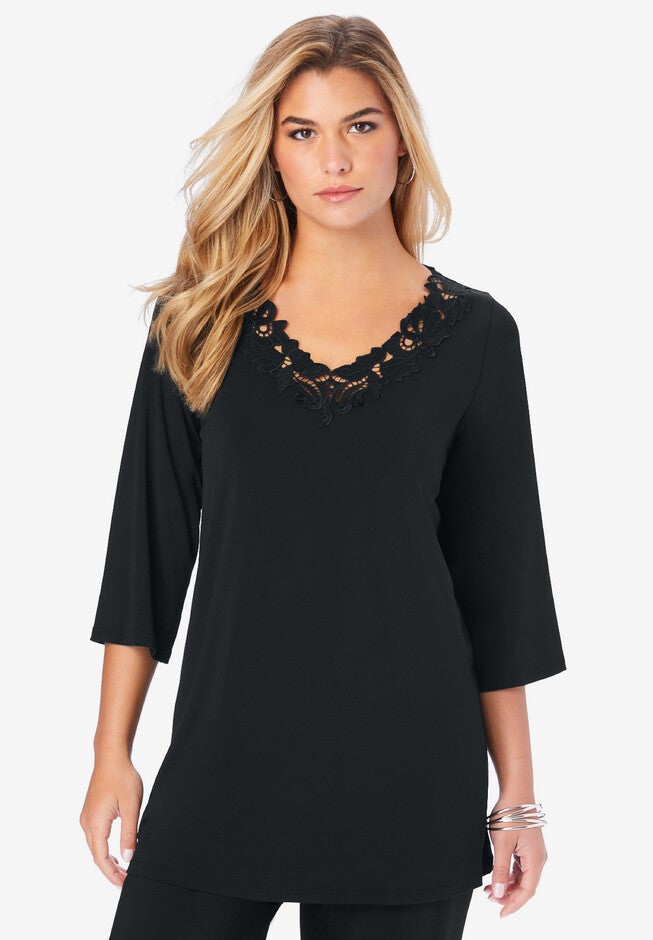 Lace V Neck Ultrasmooth® Fabric Top OneStopPlus