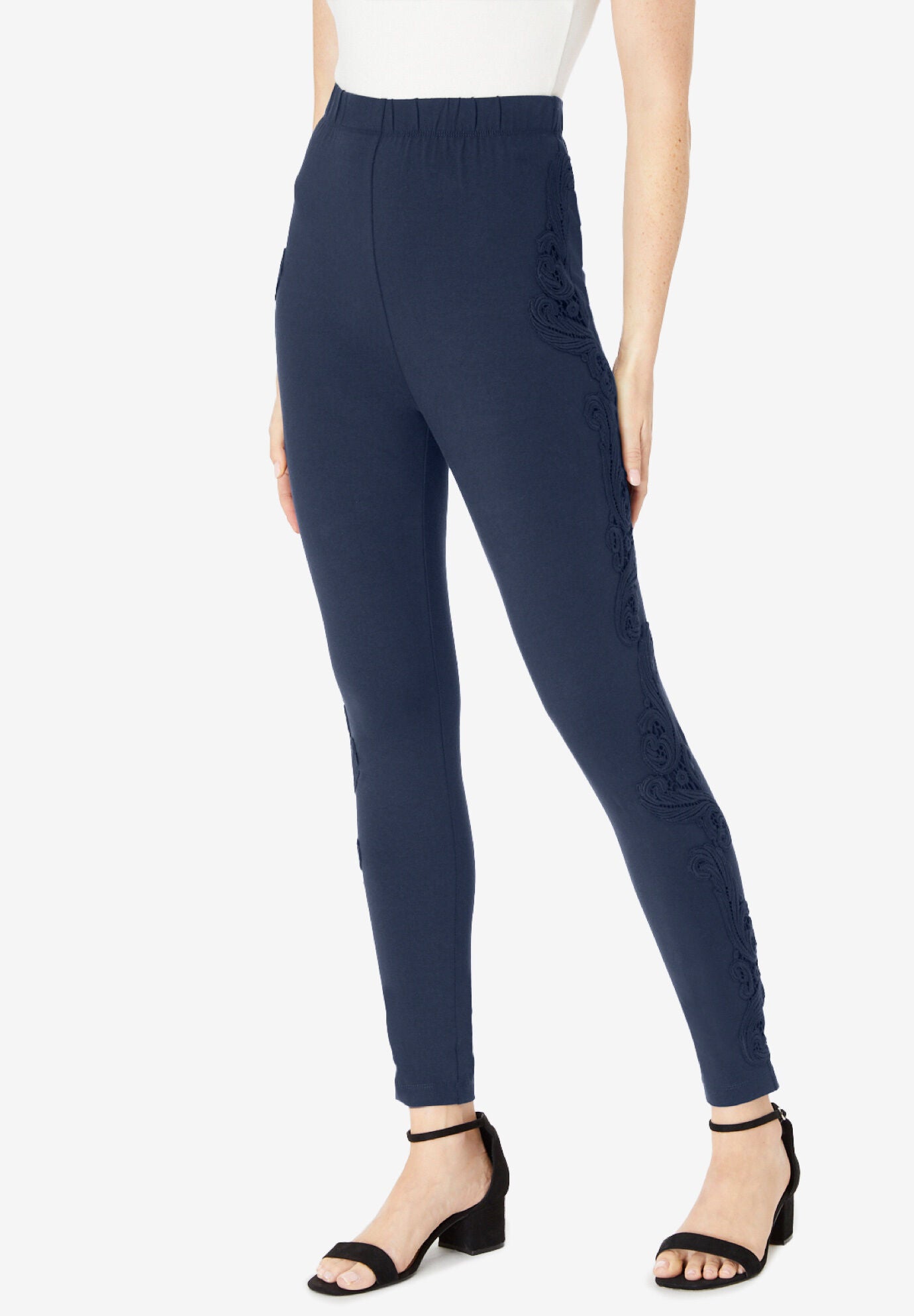 Lace Applique Side-Seam Legging, NAVY, hi-res image number 0