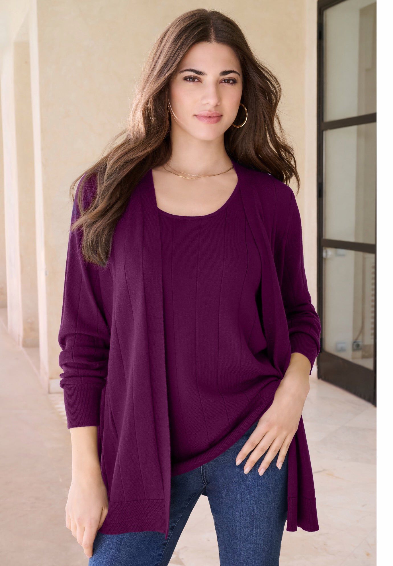 Plus Size Drop Needle Cardigan Lightweight Sweater Knit, DARK BERRY, hi-res image number 0