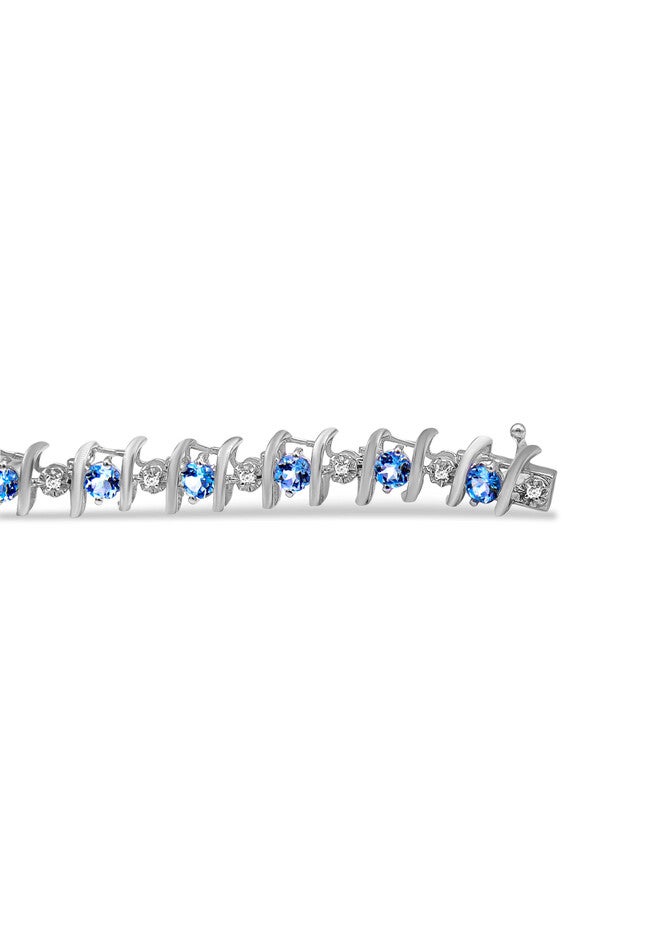 Sterling Silver Gemstone & Round Diamond Tennis Bracelet Aquamarine March Birthstone, , on-hover image number 1