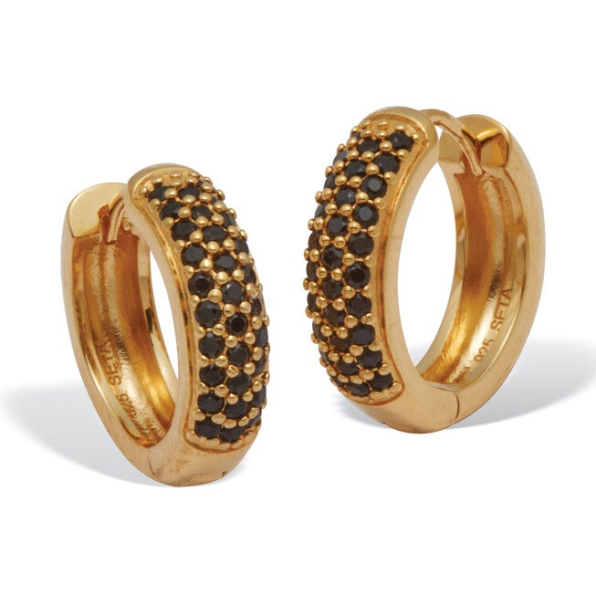 Genuine Black Spinel Yellow Gold-Plated Sterling Silver Huggie Hoop Earrings, BLACK, hi-res image number null