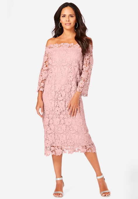 Off-The-Shoulder Lace Dress with Bell Sleeves, SOFT BLUSH, hi-res image number null