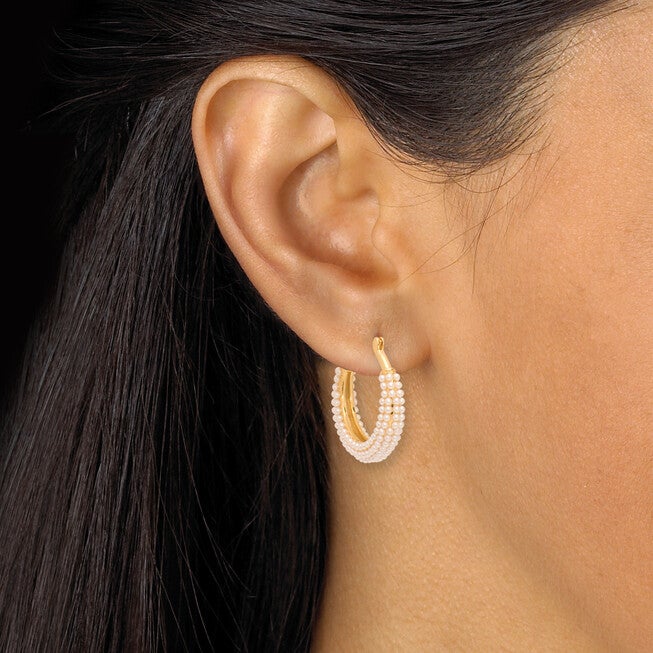 White Round Simulated Pave-Style Pearl Goldtone Hoop Earrings, WHITE, alternate image number 2