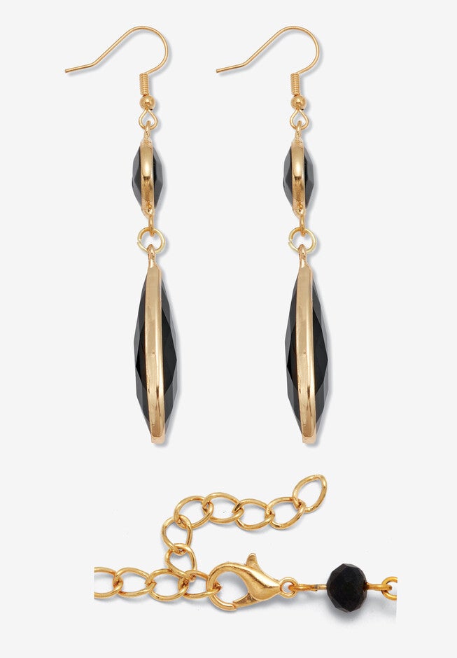 Black Crystal Goldtone Drop Necklace And Crystal Earrings, 2-Piece Set, , on-hover image number 1