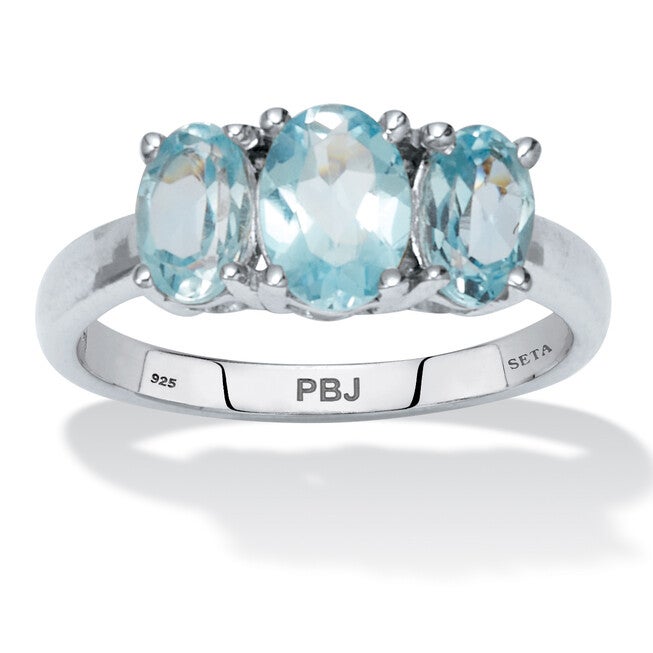 2.24 TCW Oval Cut Genuine Blue Topaz Sterling Silver 3-Stone Ring, BLUE, hi-res image number 0