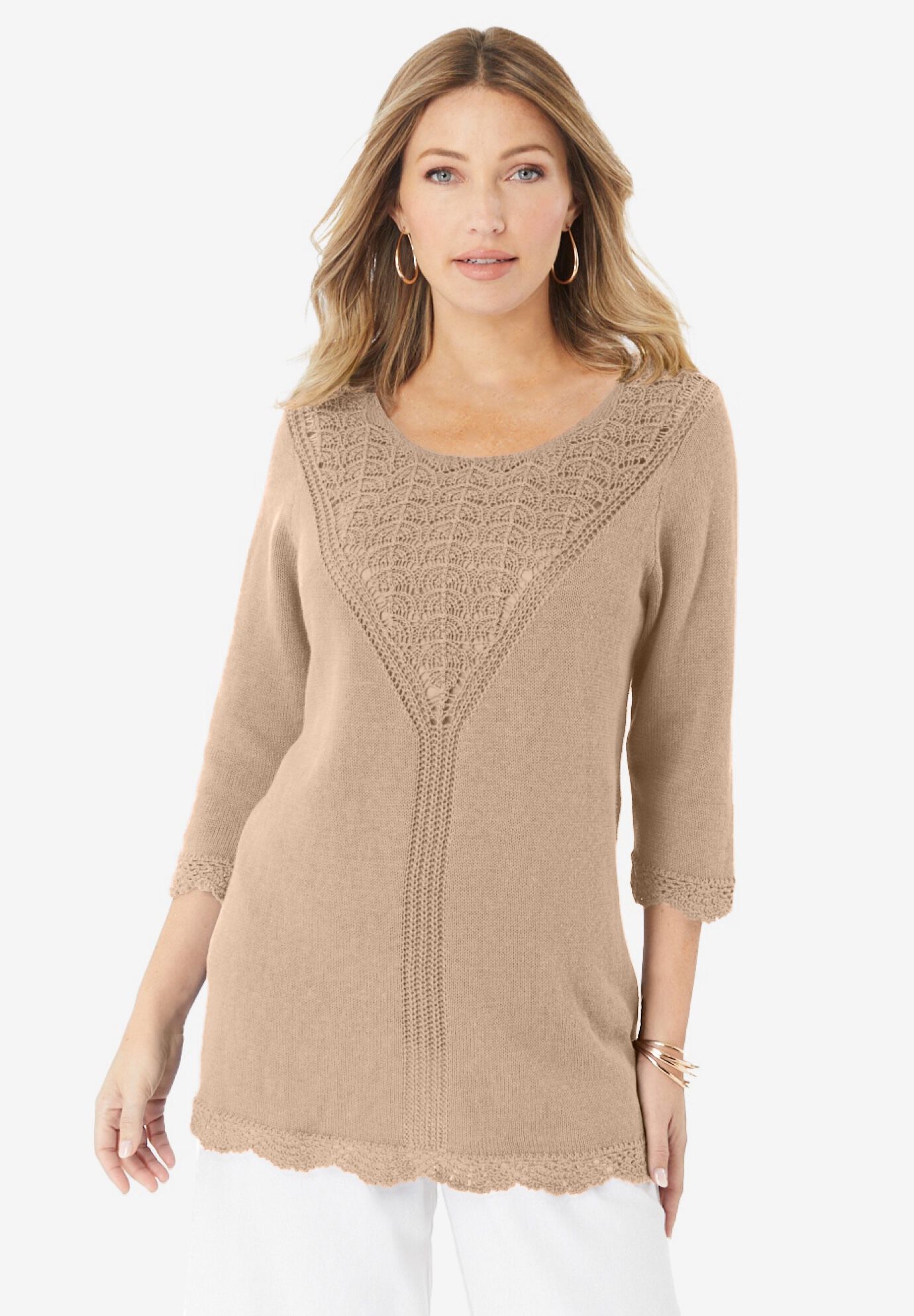 Lace Knit Pullover Sweater, NEW KHAKI, on-hover image number 1