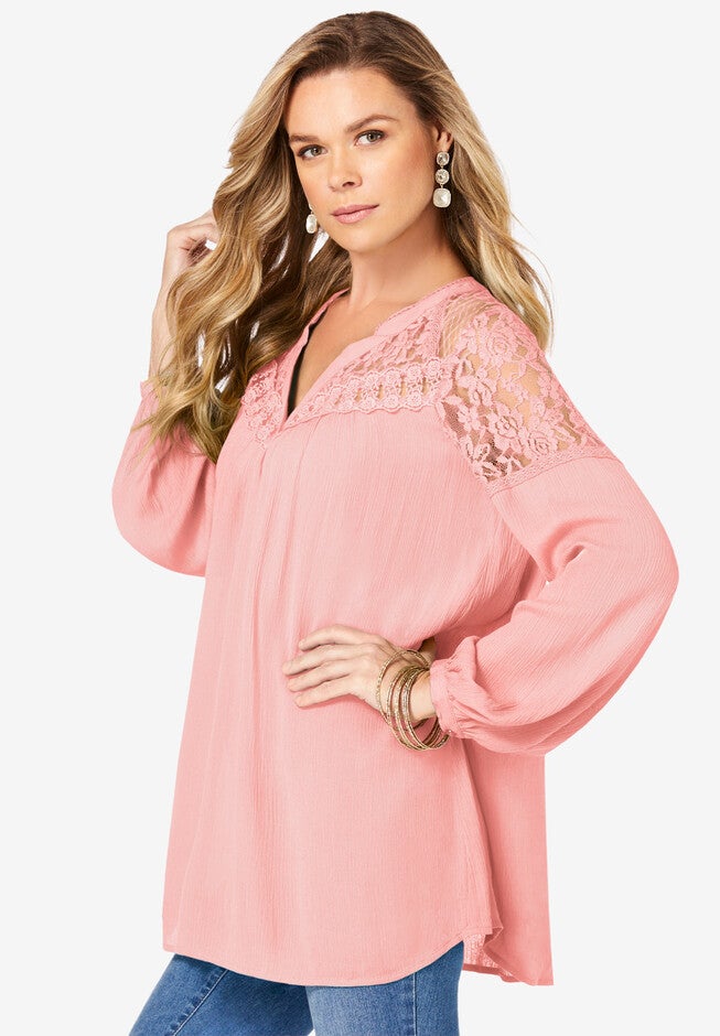 Lace V-Neck Big Shirt, SOFT BLUSH, hi-res image number null