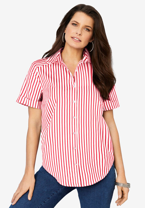 Short-Sleeve Kate Big Shirt, CORAL RED STRIPE, hi-res image number null